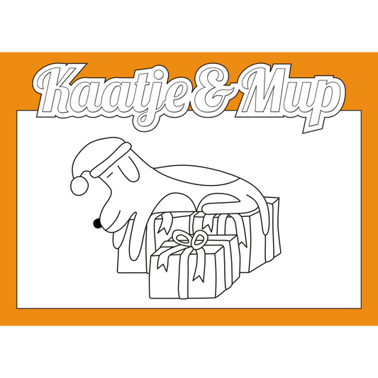 Kleurplaatkaart van Kaatje&Mup: Mup slaapt op cadeautjes — foto 2