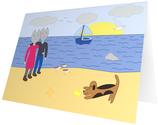 Ansichtkaart van Kaatje&Mup: strandwandeling, getekend aan zee