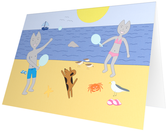 Ansichtkaart van Kaatje&Mup: beachballen op het strand