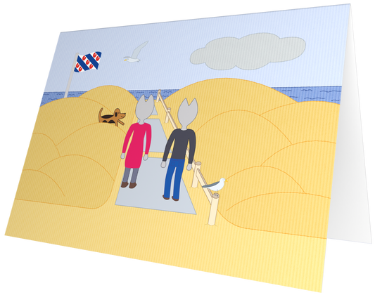 Ansichtkaart van Kaatje&Mup: op weg naar het strand met een vlag