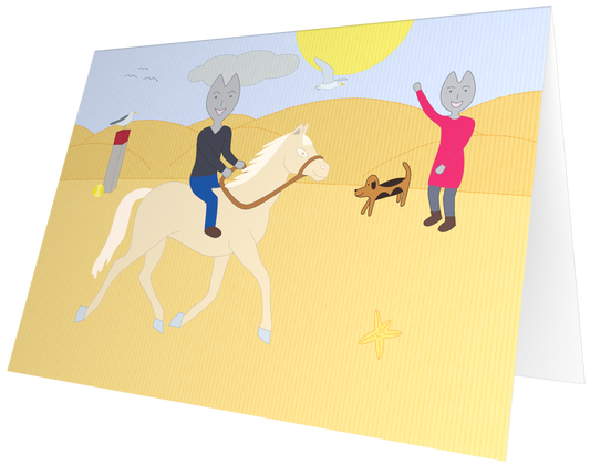 Ansichtkaart van Kaatje&Mup: paardrijden op het strand