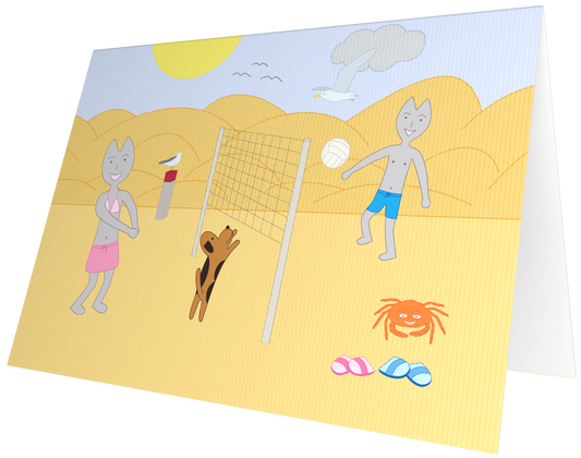 Ansichtkaart van Kaatje&Mup: volleyballen op het strand