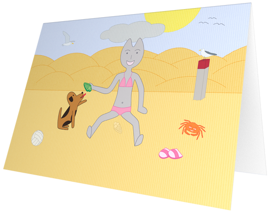 Ansichtkaart van Kaatje&Mup: zandtaartjes maken op het strand