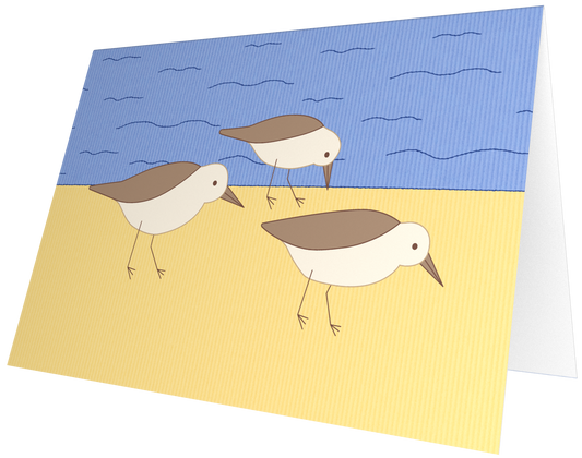 Ansichtkaart van Kaatje&Mup met strandlopertjes, getekend aan zee