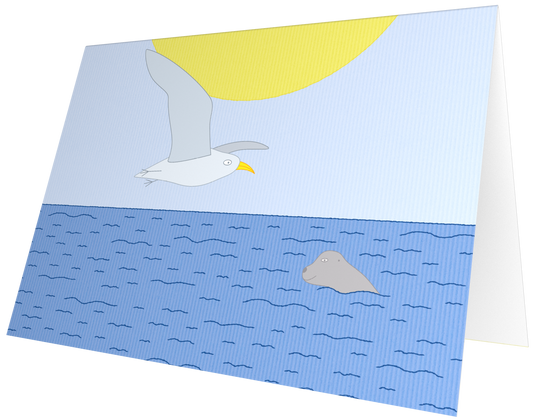 Ansichtkaart van Kaatje&Mup: een meeuw boven zee met een zeehond