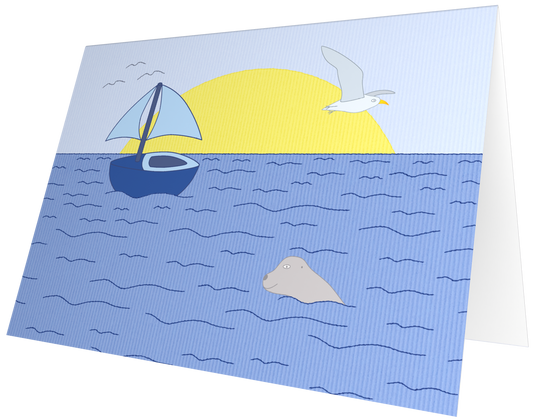 Ansichtkaart van Kaatje&Mup: zonsondergang met een zeilboot