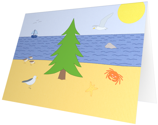 Ansichtkaart van Kaatje&Mup: een dennenboom op het strand