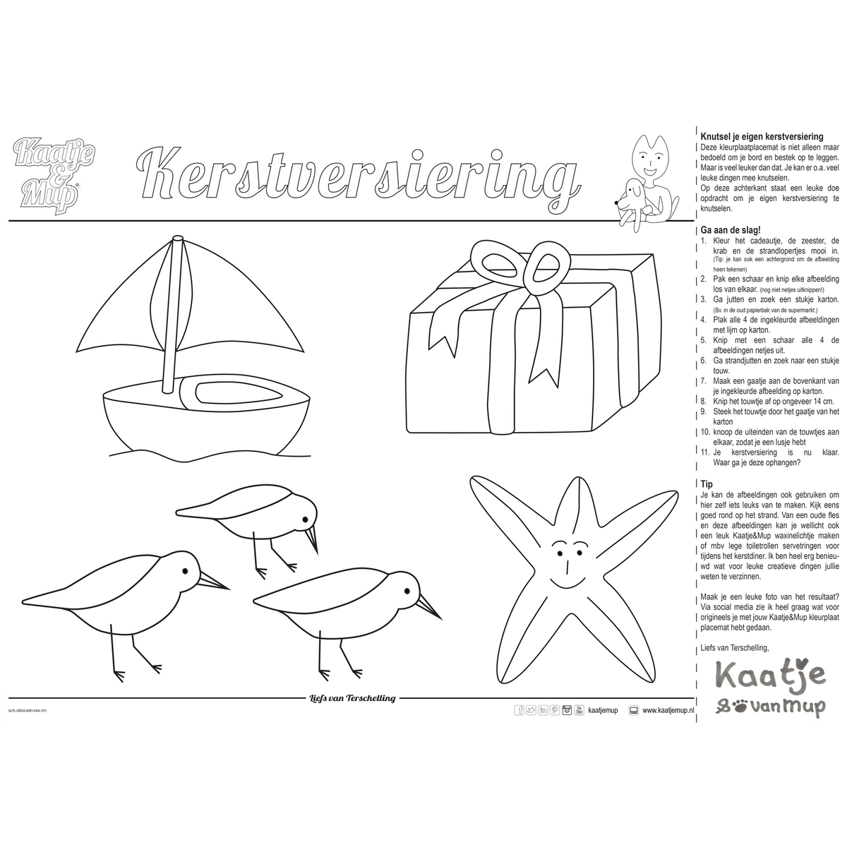 Kleurplaat-placemat van Kaatje&Mup: kerstboom aangespoeld